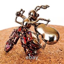 VIOLIN PLAYING CRICKET PIN Grasshopper Brooch RHINESTONE FIGURAL Pot Metal 1940s