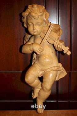 Vintage 16 Wooden Hand Carved Flying Angel Cherub Putto Violin Statue Figurine