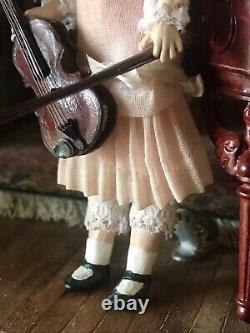 Vintage / Antique Artisan Dollhouse Miniature 112 Sad Violin Player Girl Doll