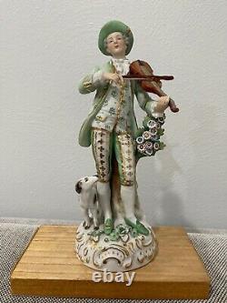 Vintage Antique German Sitzendorf Porcelain Figurine Man with Violin & Dog