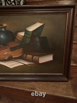 Vintage Antique Violin Oil In Canvas, Oleograph With Highlighting Signed By Joe