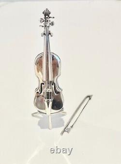 Vintage Miniature Sterling Silver Violin 925 175 AR Italy Stand & Bow