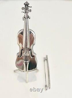 Vintage Miniature Sterling Silver Violin 925 175 AR Italy Stand & Bow