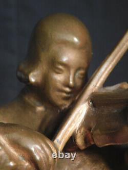 Vintage Modern Bronze Young Man Boy Mozart Violin Karl Wollek Art Deco Antique