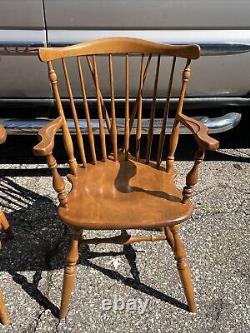 Vintage Pair of Ethan Allen Duxbury Windsor Arm Chairs Nutmeg Maple Fiddle Back