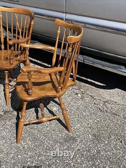 Vintage Pair of Ethan Allen Duxbury Windsor Arm Chairs Nutmeg Maple Fiddle Back