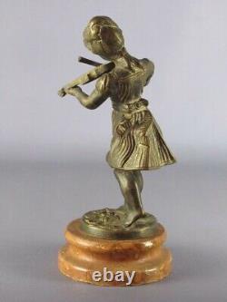 Vintage Statue Bronze Figure Little Girl Viola Player With Violin On Base Marble