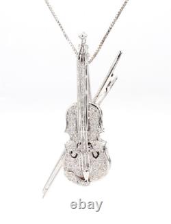 Violin Brooch Pin 18K White Gold 1.50 Ct Total NATURAL DIAMONDS Antique Handmade