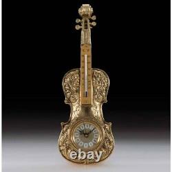 Violin-shaped Gold Brass Wall Clock With Antique Decor Thermometer Made by Spain