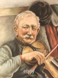 Watercolor Painting Beautifully Executed Unframed Antique Vintage Violin Player