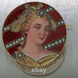 1850 Antique Victorien 18k Peint À La Main Rose Diamond Violin Lady Portrait Broche
