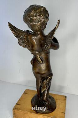 Ancien Art Nouveau Cupidon Cherub Playing Violin Sculpture Solide Brass Statue 11