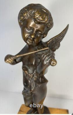 Ancien Art Nouveau Cupidon Cherub Playing Violin Sculpture Solide Brass Statue 11