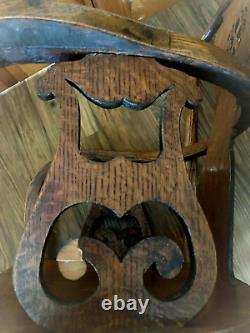 Antique Vtg Tiger Chêne Bentwood Armoiries Harp Slats Fiddle Back Rocker Rocking Chaise