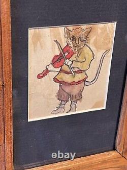 Aquarelle de chat en violon ancien du XIXe siècle encadrée dans un cadre ancien