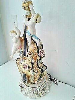Capodimonte Grande Lampe Antique Porcelaine Cherub Angels Violon Vintage Italien