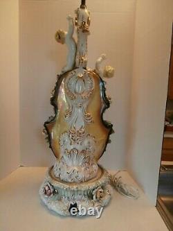 Grand Lampe Antique/vintage Italienne en Porcelaine Capodimonte avec Chérubins/anges jouant du violon