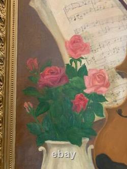 Peinture à l'huile vintage Vieil violon par Marie Shawan, cadre ancien 35 1/2' x 25 1/2'