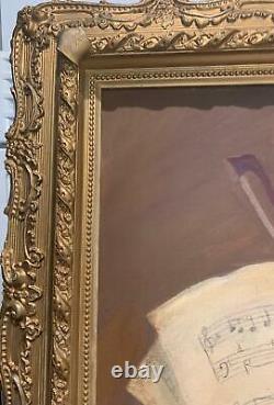 Peinture à l'huile vintage Vieil violon par Marie Shawan, cadre antique 35 1/2' x 25 1/2'
