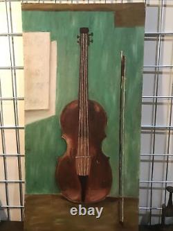 Peinture à l'huile vintage de 15x30 sur planche d'un violon et de partitions de musique. Shv9