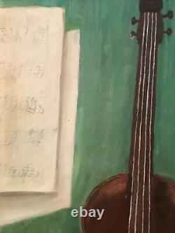 Peinture à l'huile vintage de 15x30 sur planche d'un violon et de partitions de musique. Shv9