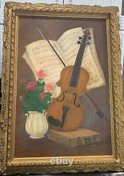 Peinture à l'huile vintage du vieil violon par Marie Shawan, cadre antique 35 1/2' x 25 1/2'