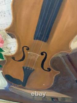 Peinture à l'huile vintage du vieil violon par Marie Shawan, cadre antique 35 1/2' x 25 1/2'