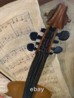 Peinture à l'huile vintage : vieux violon par Marie Shawan, cadre antique 35 1/2' x 25 1/2'
