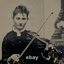 Photographie D'antique Tintype Très Belle Femme Mère Adolescent Violon