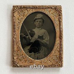 Photographie De Tintype Antique Adorable Petite Fille Jouer Violon & Tenir Le Chat