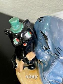 Rare Anthropomorphe Lustre Man Moon Black Cat Hat Fiddle Planter Vase Allemagne