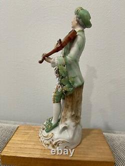 Vieux Vieil Allemand Sitzendorf Figurine De Porcelaine Homme Avec Violon Et Chien