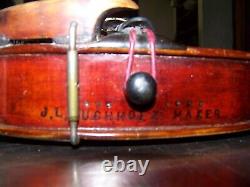 Vieux Violon Labeled J L Buchholz 1936 Avec Baignoires Arc + Cas Vintage Antique Rare