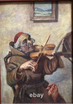 Vieux tableau original à l'huile sur toile d'un moine jouant du violon de style ancien et vintage
