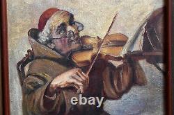 Vieux tableau original à l'huile sur toile d'un moine jouant du violon de style ancien et vintage