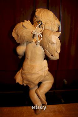 Vintage 16 En Bois Sculpté À La Main Flying Angel Cherub Putto Violon Statue Figurine