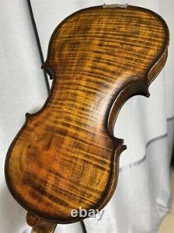 Violon antique 4/4 à dos d'une seule pièce sculpté à la main avec vernis, étui et archet