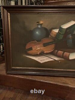Violon antique vintage à l'huile sur toile, oléographie avec des reflets signée par Joe