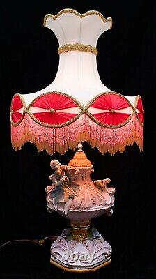 Vtg Antique Lampe De Table En Porcelaine Capodimonte Avec L'ombre Violon Provincial Français
